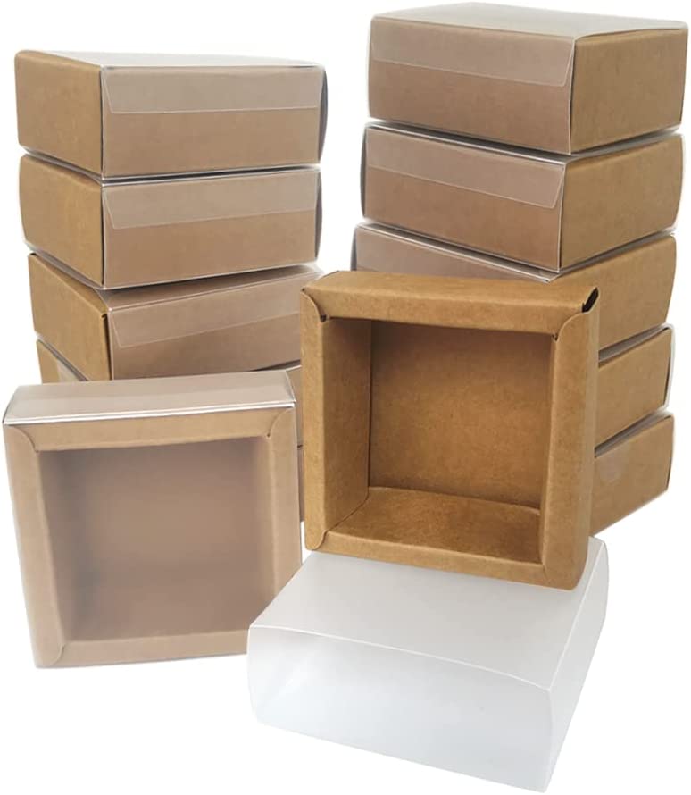 Photo 1 of 20 Packs Halloween Christmas Small Square Brown Kraft Boxes with Clear PVC Windows,Rectangle Drawer Boxes for Party Favor Treats, 3.3x3.3x1.2 for Business Soap Jewelry Candy Weeding Party Favors.
