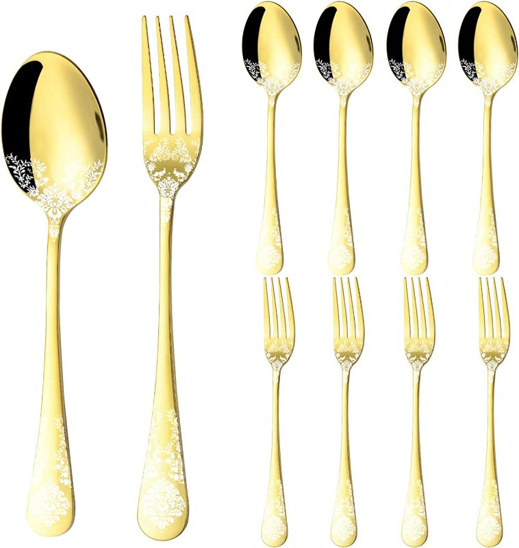 Photo 1 of 24 Piece Spoons and Forks Set with Unique Pattern, Stainless Steel Silverware, LaienLife Modern Set of 12 Forks Spoons Flatware, for Home Dining Restaurant, Mirror Polished Dishwasher Safe - Gold
