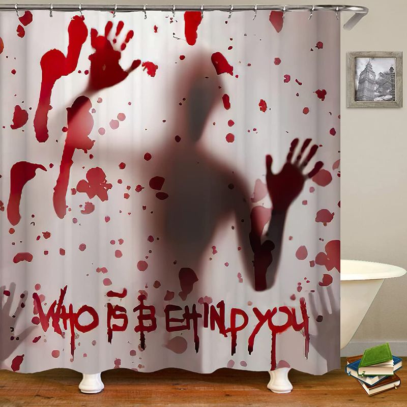 Photo 1 of 4 Pcs Halloween Shower Curtain Sets with 12 Hooks, Non-Slip Rug, Toilet Lid Cover, Bath Mat, Halloween Bathroom Decor 72x72inch
