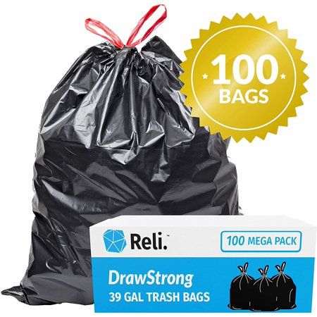 Photo 1 of 39 Gallon Trash Bags Drawstring (100 Count) Large 39 Gallon Heavy Duty Drawstring Trash Bags - Black Garbage Bags 39 Gallon Capacity, Lawn Leaf