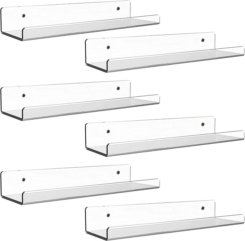 Photo 1 of Acrylic Floating Shelves, 6 Pack 15" Invisible Shelf Wall Ledge Bookshelf Bedroom Bathroom Kitchen Shelves Book Toys Funko Pop Figures Display Shelves, Clear