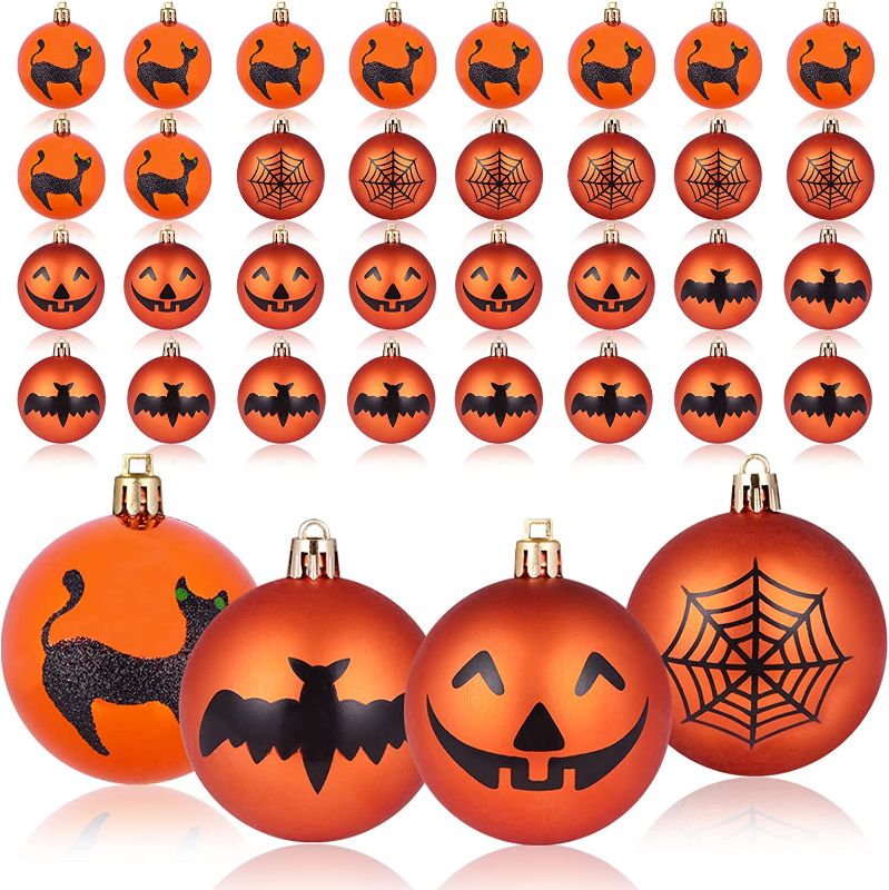 Photo 1 of 34 Pcs Halloween Ball Ornaments Shatterproof Halloween Decorations Tree Balls Spider Web Pumpkin Face Black Cat Bat Printed Balls for Halloween Party Haunted House Club Bar Holiday Hanging Decor