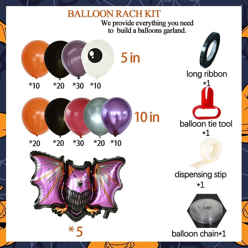 Photo 2 of 175Pcs Halloween Balloons Arch Kit with Orange Black Amaranth Khaki Sliver Purple Balloons Garland for Horrible Bat Theme Birthday or Spooky Party Decorations