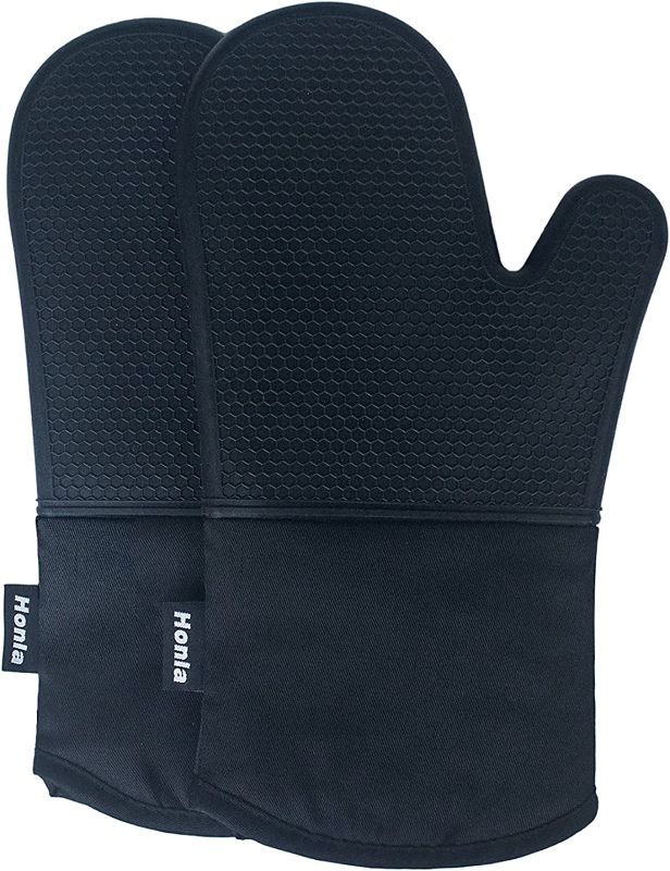 Photo 1 of Honla Silicone Oven Mitts,Heat Resistant to 500 F,1 Pair of Non Slip Kitchen Oven Gloves for Cooking,Baking,Grilling,Barbecue Potholders,Black

