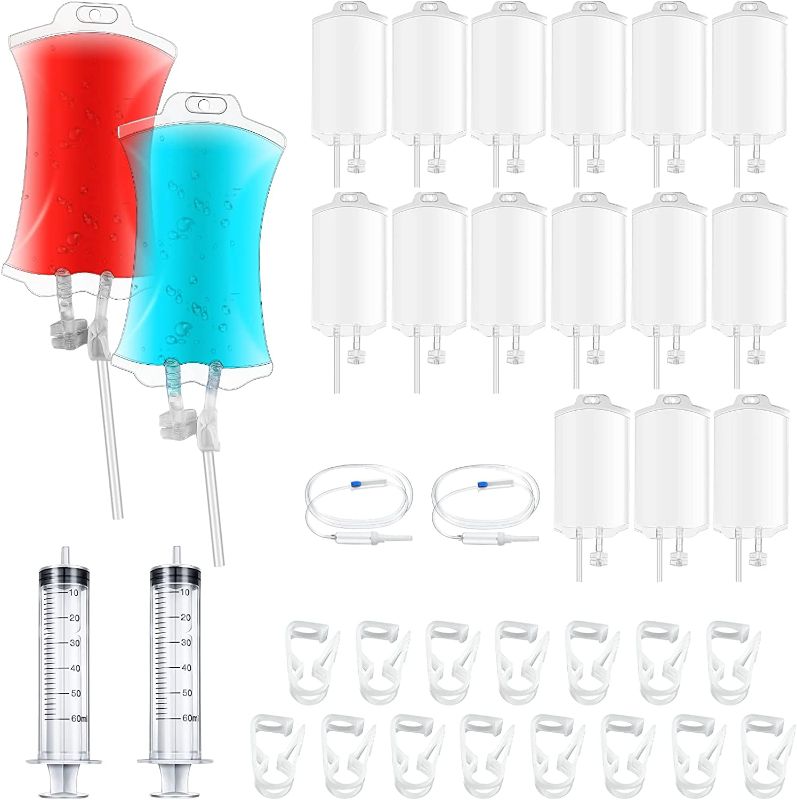 Photo 1 of 15 Packs Halloween Blood Bags IV Bags for Drinks Party Cups Blood Pouch Drink Container with 2 Syringe, 2 Infusion Tube, 15 Labels and 15 Clips for Halloween Nursing Zombie Party Decorations, 400 ml
