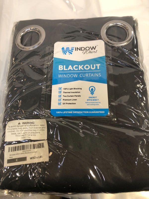 Photo 1 of 100% Blackout Window Curtains: Room Darkening Thermal Window Treatment with Light Blocking Black Liner for Bedroom, Nursery and Day Sleep - 2 Pack of Drapes, Midnight Black 52"W X 45"L
