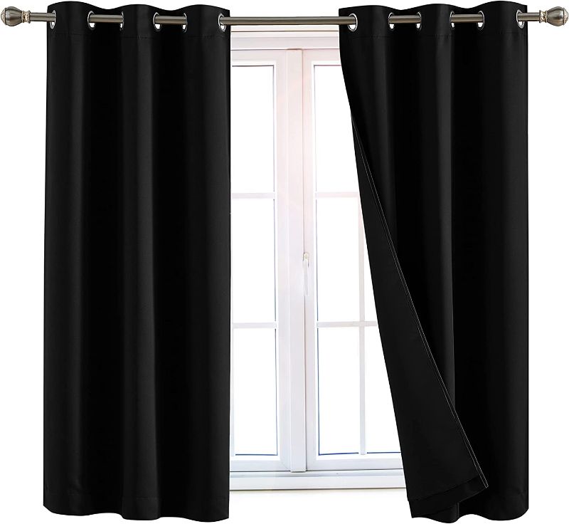 Photo 1 of 100% Blackout Window Curtains: Room Darkening Thermal Window Treatment with Light Blocking Black Liner for Bedroom, Nursery and Day Sleep - 2 Pack of Drapes, Midnight Black 52"W X 45"L
