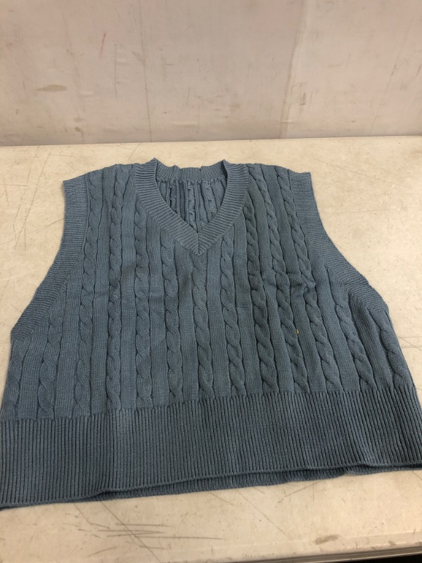 Photo 3 of Blue Size L--- Lailezou Women's V-Neck Knit Sweater Vest Solid Color Argyle Plaid Preppy Style Sleeveless Crop Knit Vest --Vest Only 