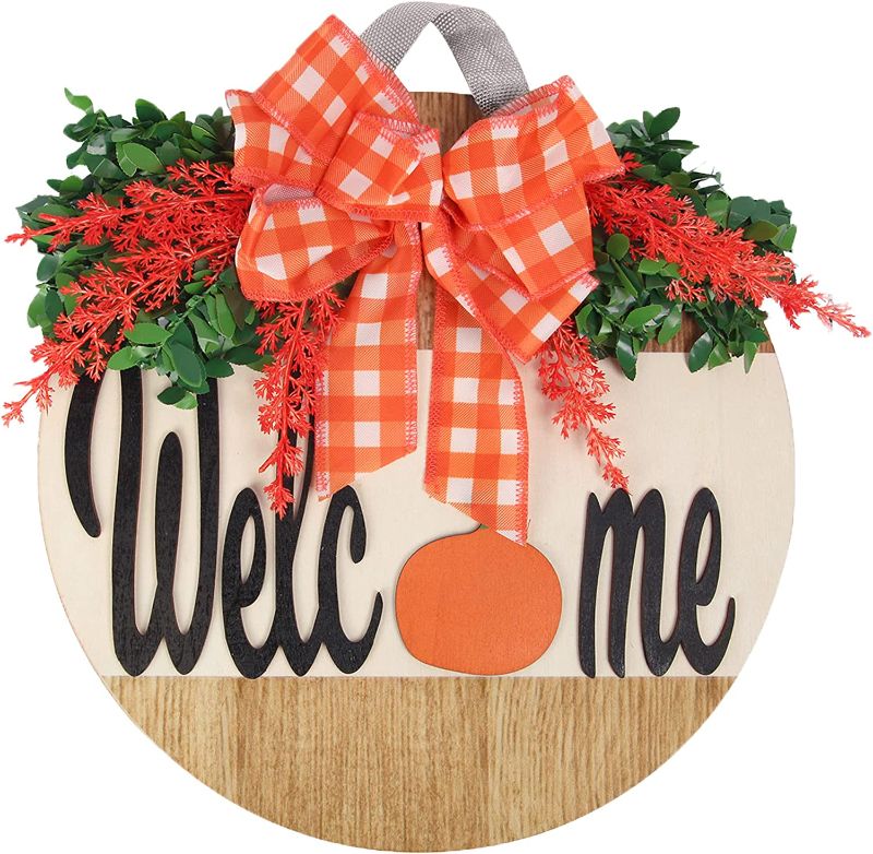 Photo 1 of  Halloween Welcome Door Sign,12Inch Fall Door Welcome Sign Wreath, Halloween Pumpkin Welcome Sign Wreath for Halloween Thanksgiving Decorative Hanging Ornament