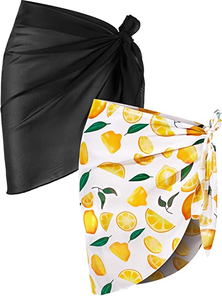 Photo 1 of 2 Pieces Women Beach Wrap Short Sarongs Bikini Cover Up Chiffon Swimsuit Wrap Skirts for Swimwear (Black and Small Lemon)
