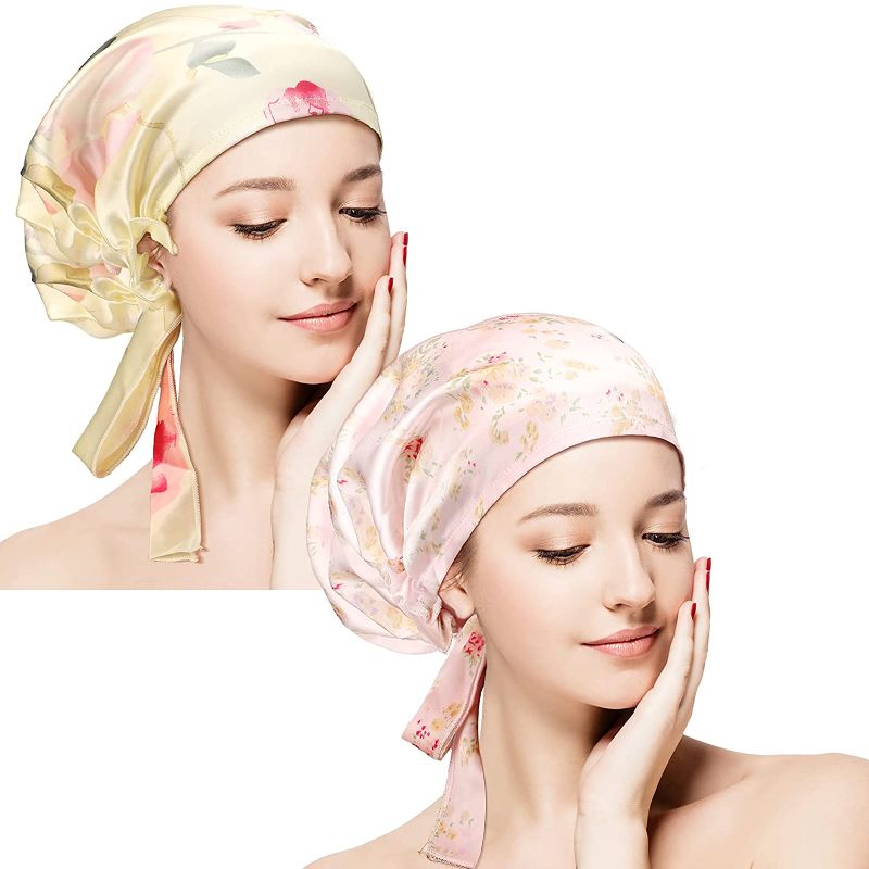 Photo 1 of 2 Pieces Elastic Silk Sleeping Cap Night Hair Cap Head Cover Silk Sleep Cap Hair Wrap Bonnet for Women Adjustable Sleeping Hat for Living Room Sleeping Supplies (Little Flower Pattern)
