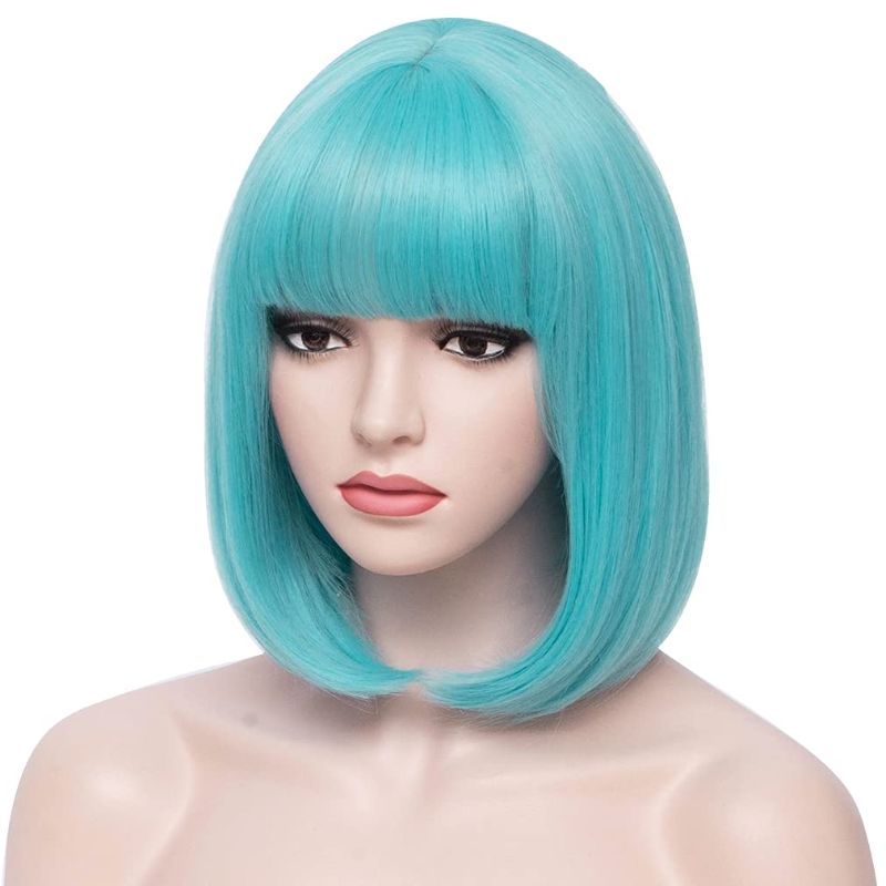 Photo 1 of BERON Blue Bob Wig Short Straight Wig Sky Blue Bob Wig with Bangs Teal Blue Bob Wig for Women Heat Resistant Synthetic Hair Cosplay Daily Use Wig (Sky Blue)
