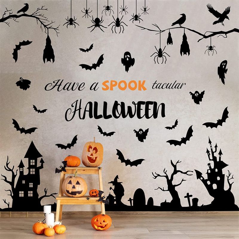 Photo 1 of 11 Sheets Halloween Wall Decals Vinyl Halloween Wall Stickers Large Removable Halloween Wall Clings Witch Bats Spider Halloween Stickers Halloween Wall Decor DIY Wall Art for Window Door Garage
