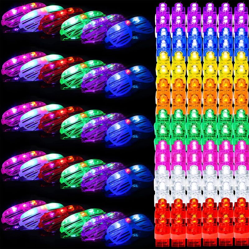 Photo 1 of 134 Pcs Glow in The Dark Party Supplies LED Light Up Toys Party Favors Bulk for Kids Adults Birthday With 104 finger lights Rings, 30 Flashing Glasses for Birthday Stocking Stuffers - Factory Seal