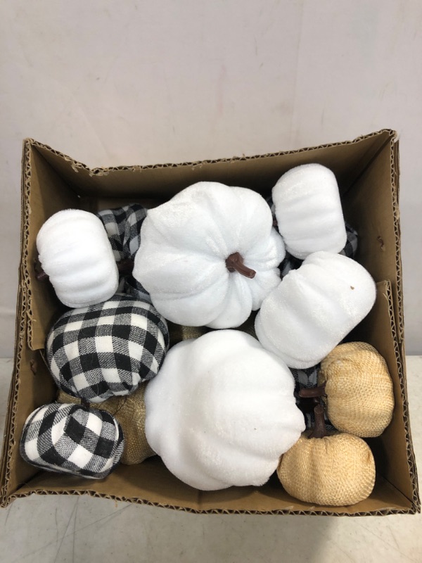 Photo 2 of 16 Pcs Artificial Pumpkins Assorted Fall Pumpkins White Pumpkins Burlap Pumpkins Rustic Pumpkins for Fall Harvest Thanksgiving Halloween Fireplace Decorations