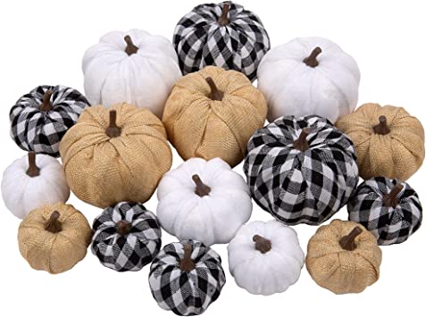 Photo 1 of 16 Pcs Artificial Pumpkins Assorted Fall Pumpkins White Pumpkins Burlap Pumpkins Rustic Pumpkins for Fall Harvest Thanksgiving Halloween Fireplace Decorations