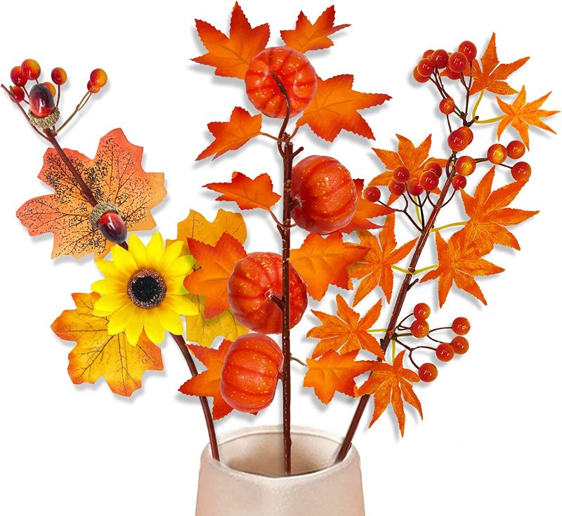 Photo 1 of 3 Pcs Artificial Fall Leaves Stems DIY Thanksgiving Decor Fall Flowers Orange Pumpkin Stems Maple Leaves Branches Sunflower Berries Acorn Picks Autumn Fall Decorations for Home Table Vase(Orange)
 Factory Sealed