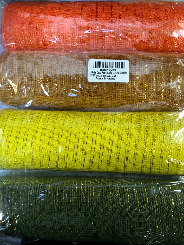 Photo 2 of 4 Rolls Thanksgiving Mesh Ribbon 10 Inch x 30 Feet Each Roll, Autumn Ribbon Poly Mesh Metallic Fall Ribbon for Wreath Thanksgiving Decoration DIY Crafts Making Supplies
