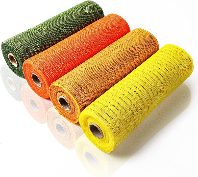 Photo 1 of 4 Rolls Thanksgiving Mesh Ribbon 10 Inch x 30 Feet Each Roll, Autumn Ribbon Poly Mesh Metallic Fall Ribbon for Wreath Thanksgiving Decoration DIY Crafts Making Supplies
