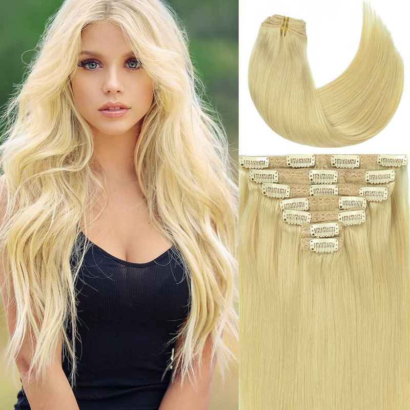 Photo 1 of Lacer Clip In Human Hair Extensions Thicken Double Weft Remy Hair 120g 7pcs #613 Bleach Blonde Full Head Natural Silky Straight Clip in Human Extensions 16 Inch
