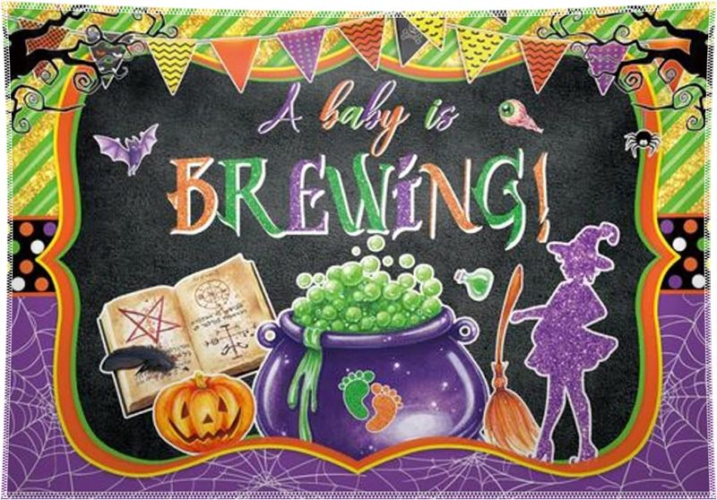 Photo 1 of Allenjoy 68x45inch Fabric Halloween A Baby is Brewing Backdrop Witches I Smell a Child Baby Shower Decorations Magic Cauldron Party Photo Banner Booth
