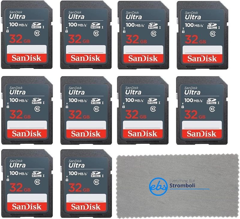 Photo 1 of SanDisk 32GB Ultra SD Memory Card (10 Pack) SDHC UHS-I Card Class 10 (SDSDUNR-032G-GN3IN) Bundle with 1 Everything But Stromboli Microfiber Cloth
