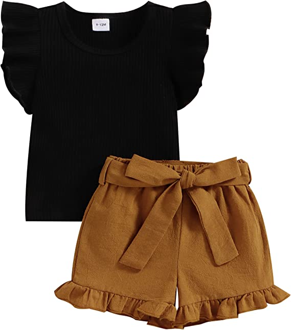 Photo 1 of 2/3 Y---2 Pieces Outfits Short Sleeve Ribbed Knitted Ruffles Shorts Summer Toddler Baby Girls Outfits