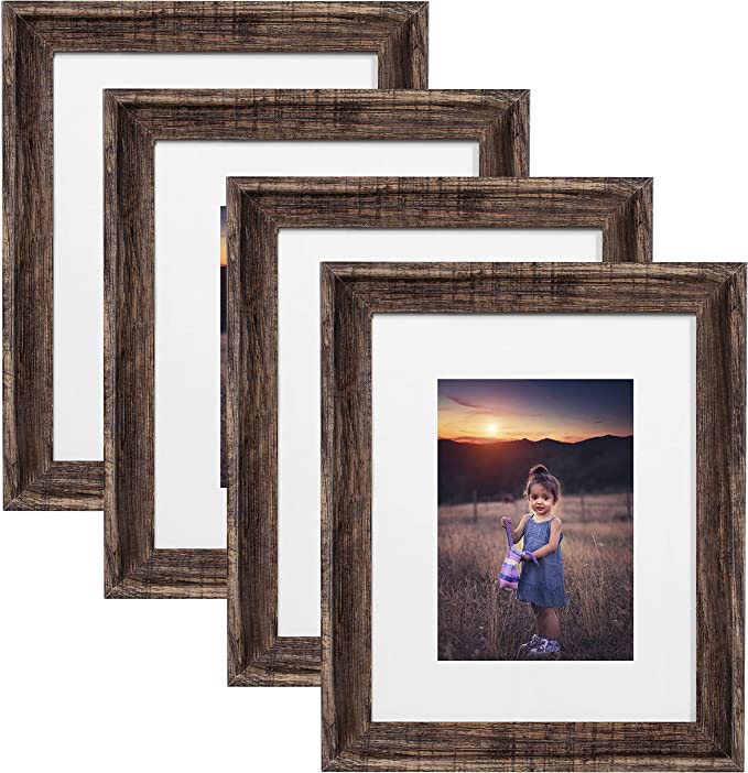 Photo 1 of Upsimples Home 8x10 Picture Frame, Real Glass and Composite Wood for Wall or Tabletop Display, Display 5x7 Frame with Mat or 8x10 Without Mat, Hanging Hardware Included, Set of 4, Brown