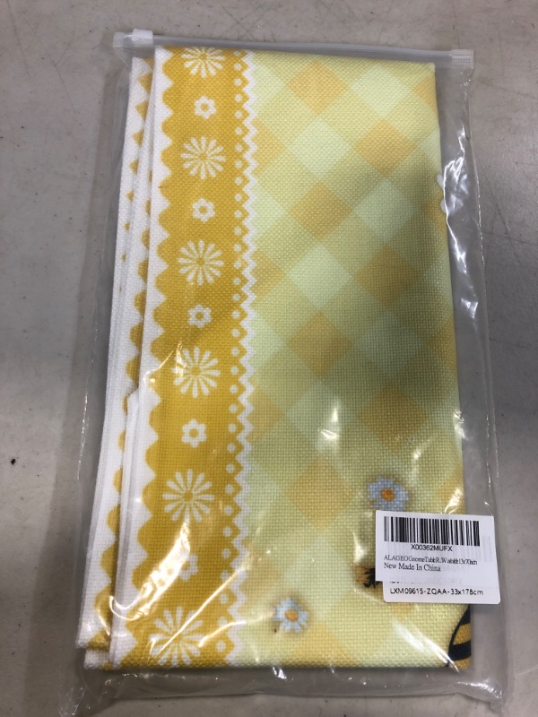 Photo 2 of ALAGEO Gnome Table Runner Bumble Bee Gnomes Dresser Scarves Flower Daisy Yellow Plaid Decorative Runners for Holiday Gatherings, Dinner,Outdoor or Indoor Parties, Machine Washable 13x70 inch