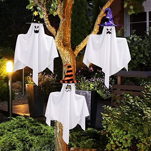Photo 1 of 3 Pack 27.5" Halloween Hanging Ghosts Decoration with Witch Hat, Cute Flying Gho