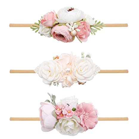 Photo 1 of cherrboll 3pcs Baby Girl Headbands Flowers, Super Soft & Stretchy Nylon Floral Hairbands for Newborn Toddler