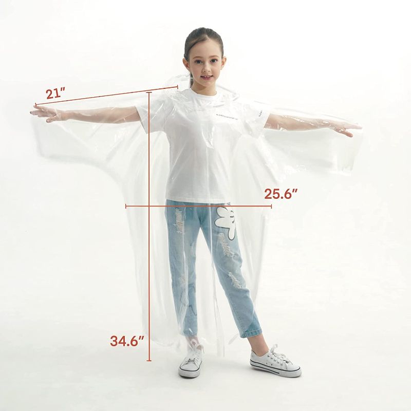 Photo 1 of Disposable Rain Ponchos for Kids, Thick Emergency Ponchos with Hood for Boys/Girls Clear - 5 Pack One Size Fits All - It measures 25.6 inches width and 34.6 inches tall
