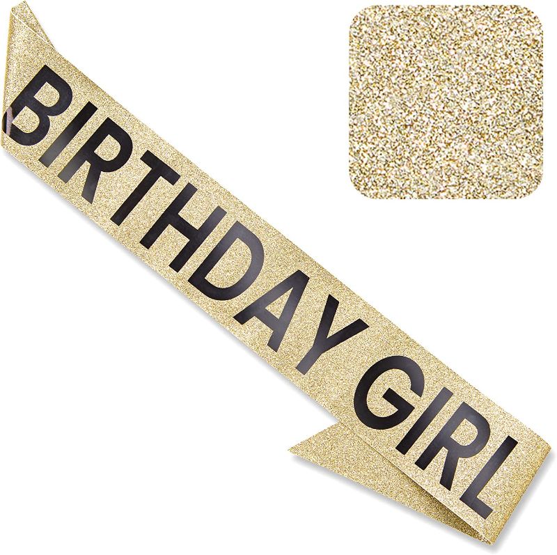 Photo 1 of 'Birthday Girl' Sash Glitter with Black Foil - Gold Glitter Happy Birthday Sash for Women - Party Favors Supplies and Decorations for Sweet 16, 18th 21st 30th 40th or Any Bday Party 33.5 x 3.7 inches
