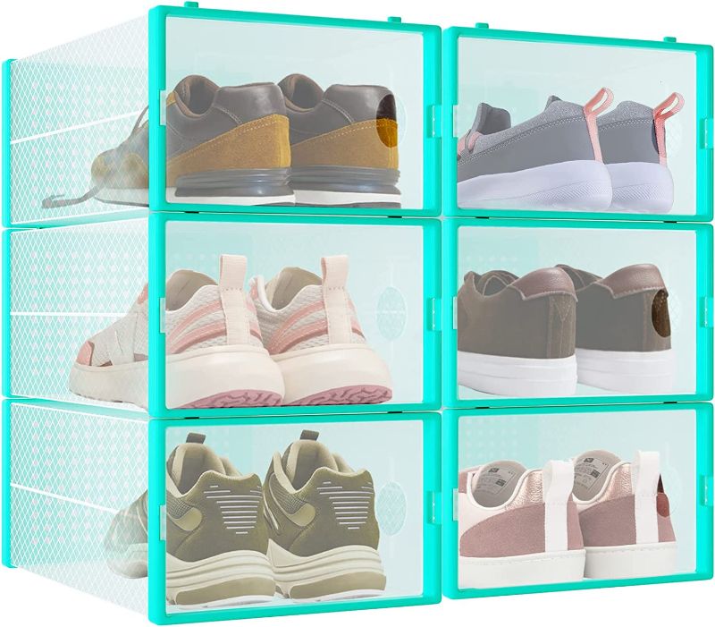 Photo 1 of 6-Pack Shoe Storage Boxes, Shoes Organizer for Closet, Clear Plastic Stackable Shoe Containers in 7 Sizes/Colors, Clear Shoe Boxes Stackable & Foldable for Sneaker Storage, Fits Shoes up to Size 10
