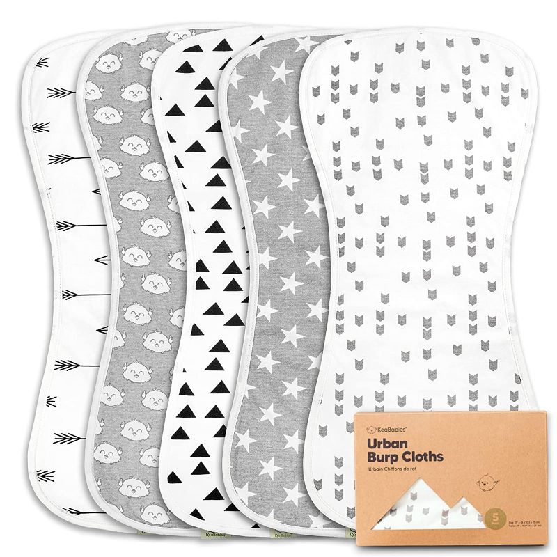 Photo 1 of  FACTORY SEALED - 5-Pack Organic Burp Cloths for Baby Boys and Girls - Ultra Absorbent Burping Cloth, Burp Clothes, Newborn Towel - Milk Spit Up Rags - Burpy Cloth Bib for Unisex, Boy, Girl - Burp Cloths (Grayscape)
