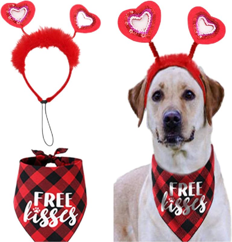 Photo 1 of Dog Costume to Show Your Love to Your Spouse and Pet, Valentine's Day Buffalo Plaid Dog Bandana Heart-Shaped Dog Headband Holiday Party Pet Costume for Small Medium Large Dogs
