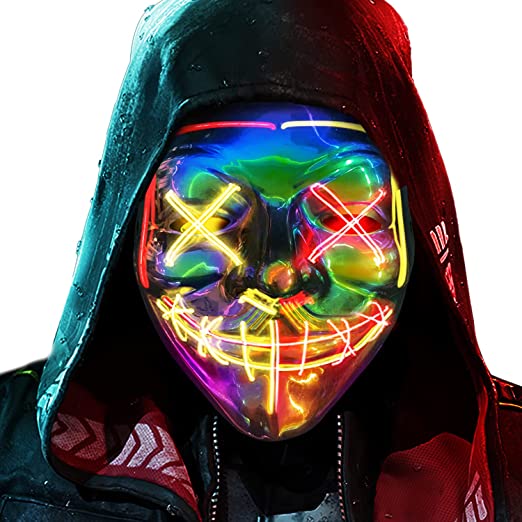 Photo 1 of (4) Halloween Purge Mask Light up - CHAOYU LED Scary Face Mask Glow with 3 Light Modes Costume for Men Women Masquerade Party
