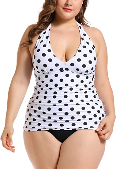 Photo 1 of FlatterMe Women's Black Halter Plunge Ruched Swimwear Set,Tummy Control Tankini Plus Size Swimsuit SIZE LARGE 12-14