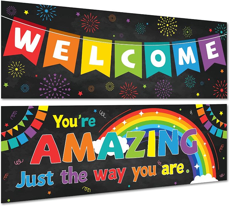Photo 1 of 2 Pack Motivational Classroom Decorations Welcome Banner Posters for Teachers, Positive/ Inspirational/ Growth Mindset Banner for Students, Bulletin Board/ Wall Decor for Elementary / Preschool 39’’x14’’)
