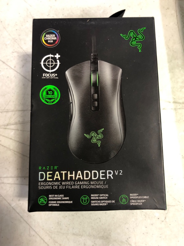 Photo 2 of FACTORY SEALED Razer DeathAdder V2 Gaming Mouse: 20K DPI Optical Sensor - Fastest Gaming Mouse Switch - Chroma RGB Lighting - 8 Programmable Buttons - Rubberized Side Grips - Classic Black
