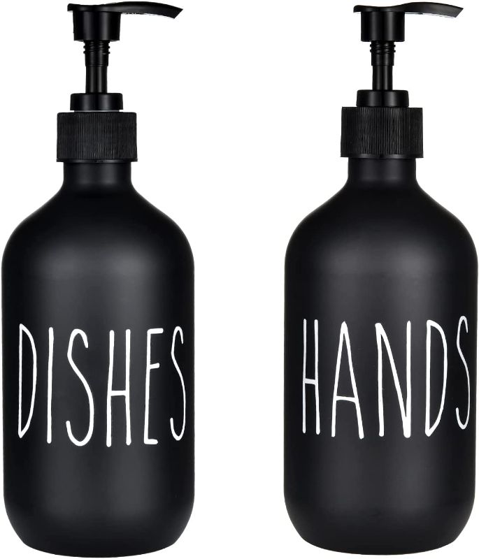 Photo 1 of 2 Pack Matte Black Plastic Soap Dispenser Bottles, Reusable Hand Soap and Dish Soap Dispenser Set, 16 oz Soap Container with Pump, Perfect for Modern Style Kitchen Sink, Farmhouse Counter Decor
