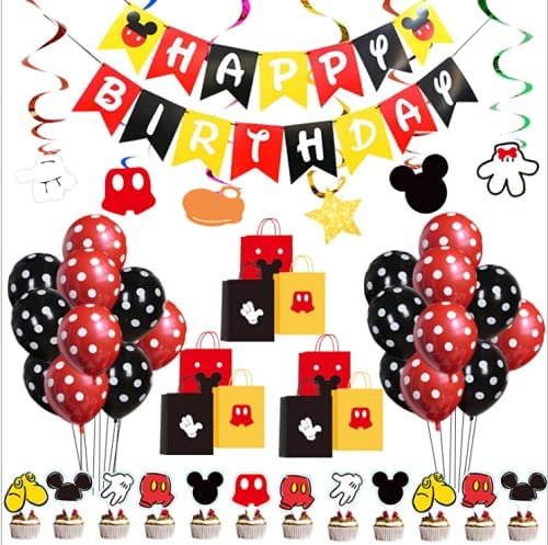 Photo 1 of FACTORY SEALED Red Mouse Birthday Party Supplies Pack 44pcs Includes Birthday banner,Cake topper,Cupcake topper,Balloons,spiral for the Mouse Birthday Party Decorations
