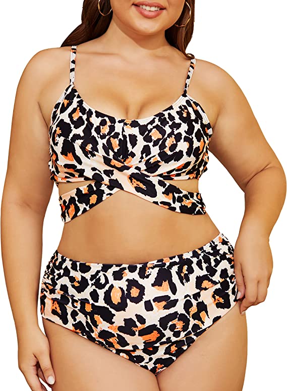 Photo 1 of DamonLight Women's Plus Size Two Piece Bikini Swimsuit High Waisted Bottom Strappy Bathing Suit Swimwear SIZE XL
