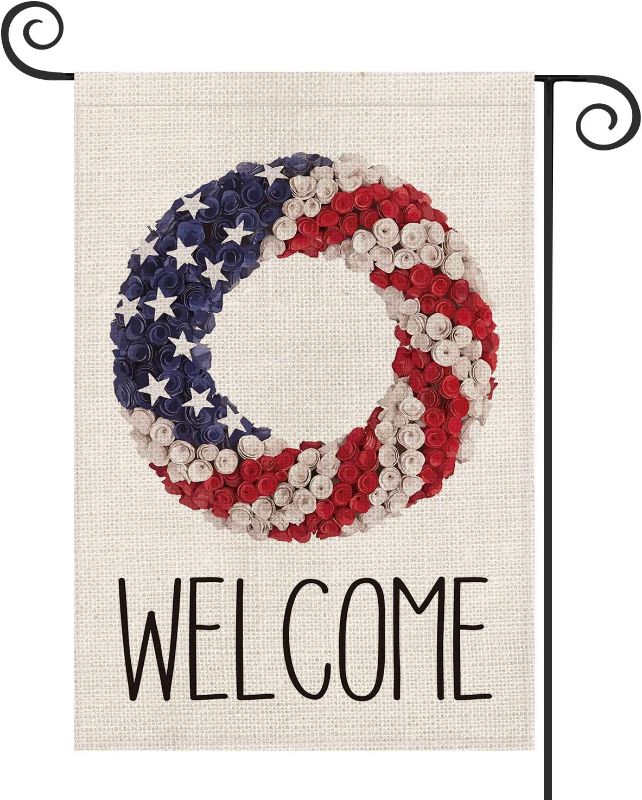 Photo 1 of AVOIN Welcome Patriotic Strip and Star Wreath Garden Flag Double Sided, 4th of July Memorial Day Independence Day Yard Outdoor Decoration 12.5 x 18 Inch
