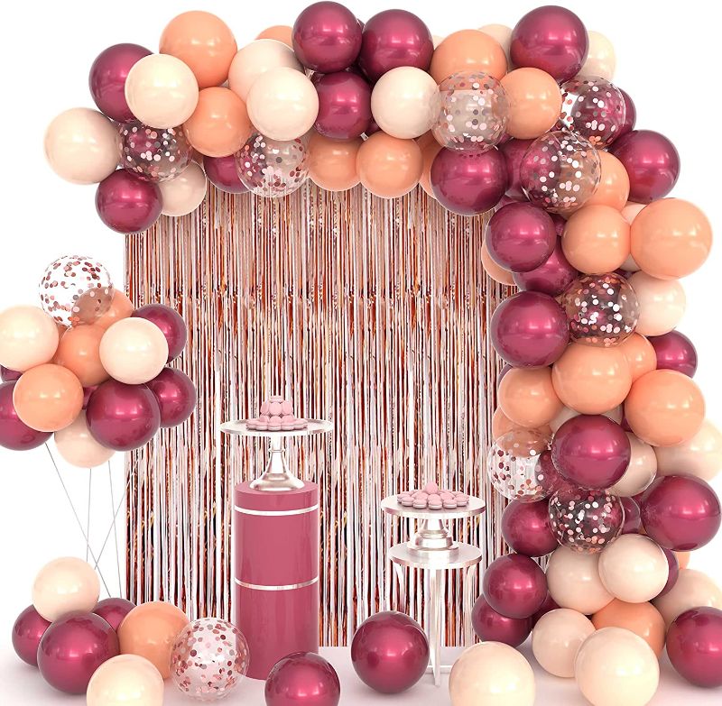 Photo 1 of  Burgundy Balloons Garland 112pcs Thanksgiving Balloon Garland Kit with Tinsel Curtain Rose Gold Burgundy Balloons Arch Kit for Baby Shower Fall Thanksgiving Party Decorations
