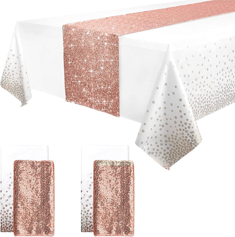 Photo 1 of  2 Pack Rose Gold Tablecloth and Table Runner Set, Sequin Table Runner and Plastic Tablecloth Set, Rose Gold Decorations Set for Parties, Engagement, Wedding Anniversary and Christmas