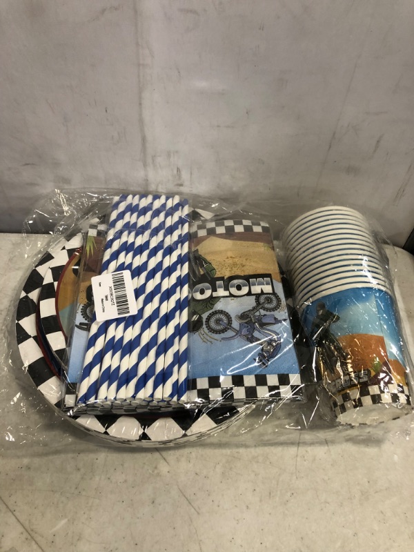 Photo 2 of Dirt Bike Party Supplies, Rock Star Music Theme Tableware Kit Including Plates, Cups, Straws Napkins for Motocross Birthday Decor - Serves 16 Guests (Blue)
