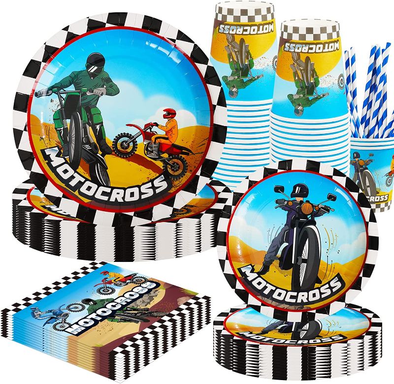 Photo 1 of Dirt Bike Party Supplies, Rock Star Music Theme Tableware Kit Including Plates, Cups, Straws Napkins for Motocross Birthday Decor - Serves 16 Guests (Blue)
