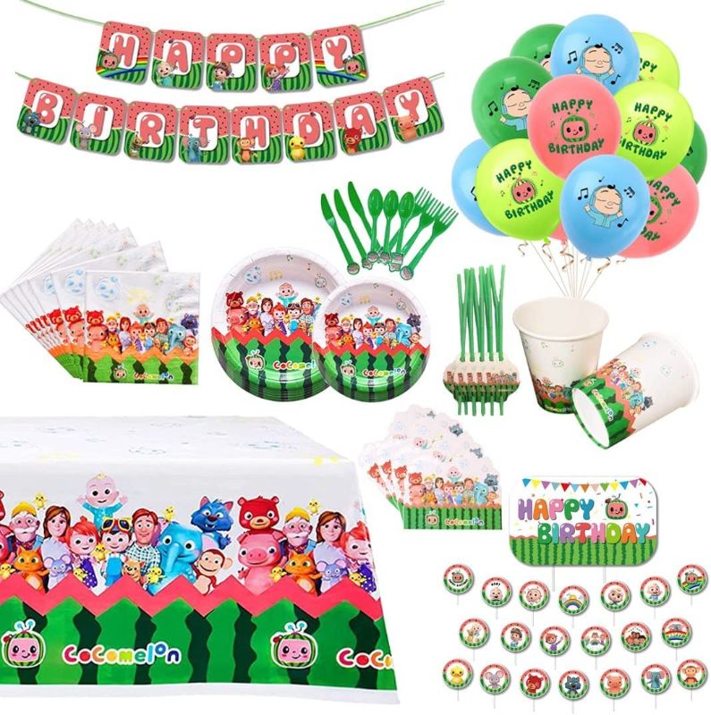 Photo 1 of 135PCS Party Supplies Set of Ballons 12" Plates 7" 9" Tablecloth Cake Topper Banner Napkins Cup Birthday Party Supplies With Forks Knifes Spoons And Straws
