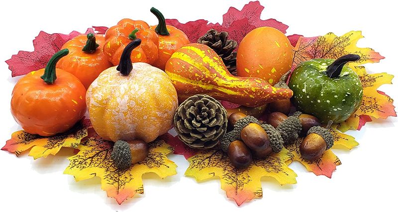 Photo 1 of Canvall Thanksgiving Harvest Mini Artificial Pumpkins Home Decor Set, 50 Fall Decoration, 30 Fake Maple Leaves + 10 Fake Acorns + 2 Fake Pinecones + 8 Fake Pumpkins
